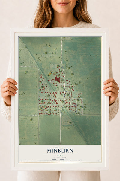 Map of Minburn, Iowa, 18 x 24 inch print in a white wood frame