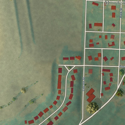Second close-up of the map of Minden, Iowa print showing more streets and buildings