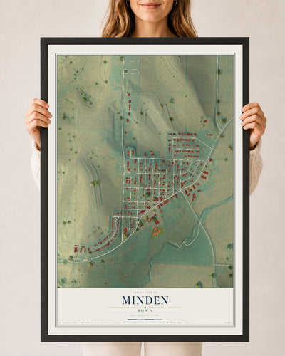 Map of Minden, Iowa, 24 x 36 inch print in a black wood frame