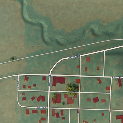 Close-up of the map of Mineola, Iowa print showing street and building detail