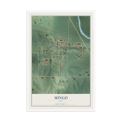 Map of Mingo, Iowa, 12 x 18 inch print in a white wood frame