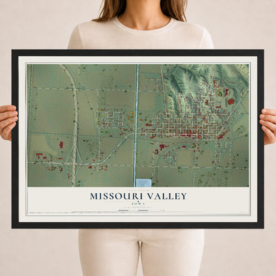 Map of Missouri Valley, Iowa, 18 x 24 inch print in a black wood frame