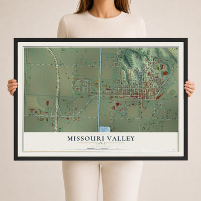 Map of Missouri Valley, Iowa, 24 x 36 inch print in a black wood frame