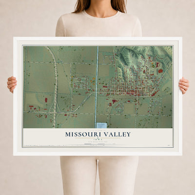 Map of Missouri Valley, Iowa, 24 x 36 inch print in a white wood frame