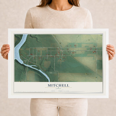 Map of Mitchell, Iowa, 12 x 18 inch print in a white wood frame