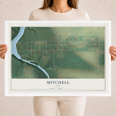 Map of Mitchell, Iowa, 18 x 24 inch print in a white wood frame