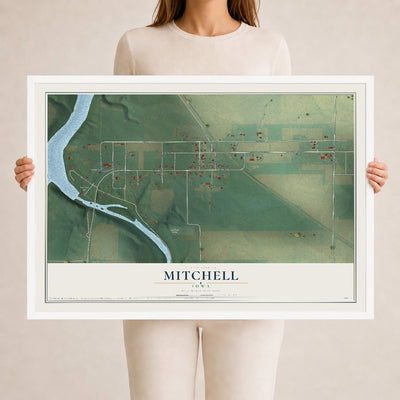 Map of Mitchell, Iowa, 24 x 36 inch print in a white wood frame