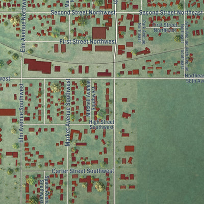 Close-up of the map of Mitchellville, Iowa print showing street and building detail