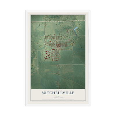 Map of Mitchellville, Iowa, 12 x 18 inch print in a white wood frame