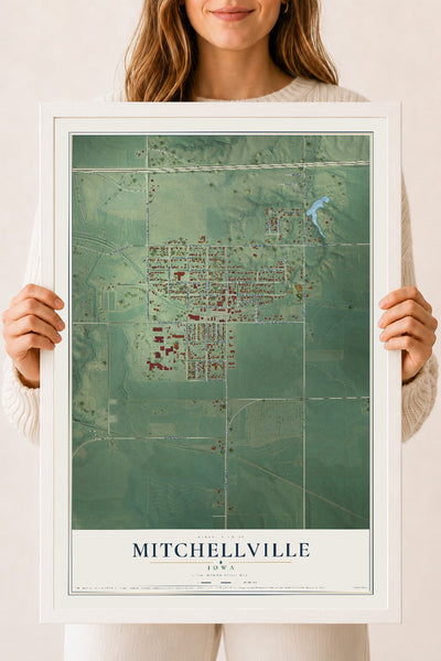 Map of Mitchellville, Iowa, 18 x 24 inch print in a white wood frame