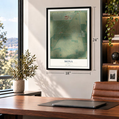 Mona, Iowa map, 18 x 24 inch print in a black frame in a home office