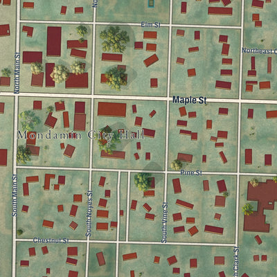 Close-up of the map of Mondamin, Iowa print showing street and building detail