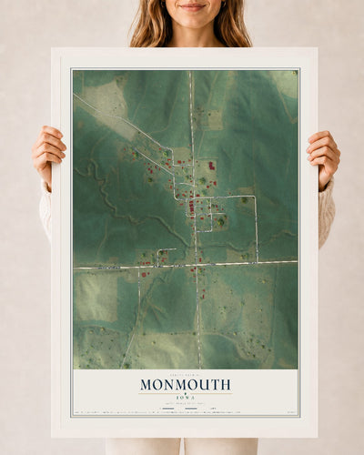 Map of Monmouth, Iowa, 24 x 36 inch print in a white wood frame