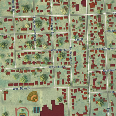 Close-up of the map of Monona, Iowa print showing street and building detail
