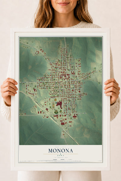 Map of Monona, Iowa, 18 x 24 inch print in a white wood frame