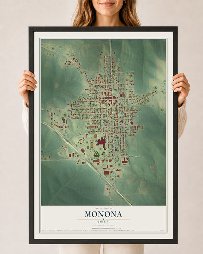 Map of Monona, Iowa, 24 x 36 inch print in a black wood frame