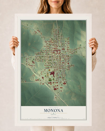 Map of Monona, Iowa, 24 x 36 inch print in a white wood frame