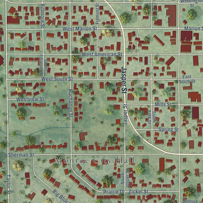 Close-up of the map of Monroe, Iowa print showing street and building detail