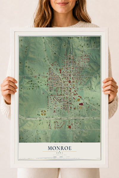 Map of Monroe, Iowa, 18 x 24 inch print in a white wood frame