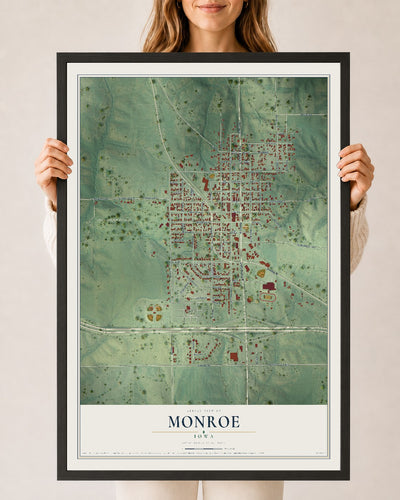 Map of Monroe, Iowa, 24 x 36 inch print in a black wood frame