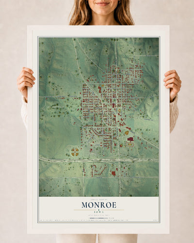 Map of Monroe, Iowa, 24 x 36 inch print in a white wood frame