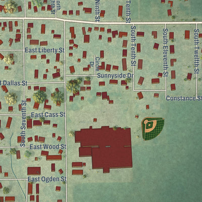 Second close-up of the map of Montezuma, Iowa print showing more streets and buildings