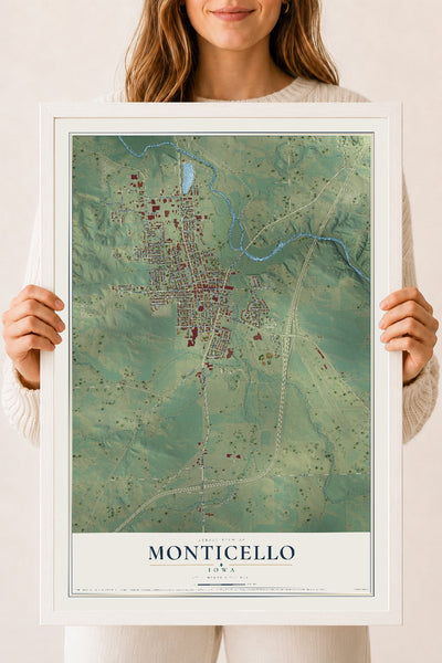 Map of Monticello, Iowa, 18 x 24 inch print in a white wood frame