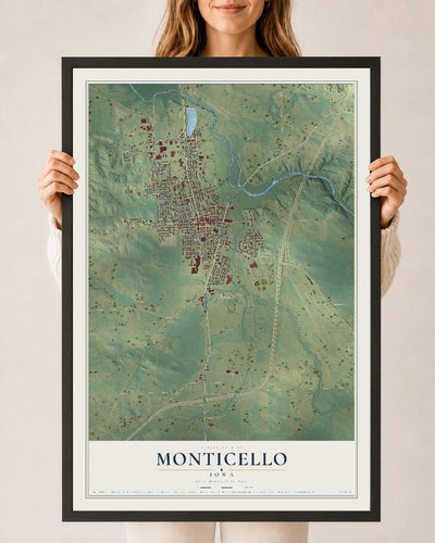 Map of Monticello, Iowa, 24 x 36 inch print in a black wood frame