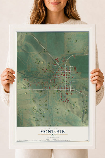Map of Montour, Iowa, 18 x 24 inch print in a white wood frame