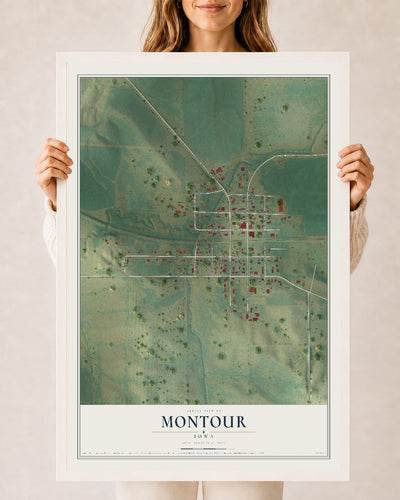 Map of Montour, Iowa, 24 x 36 inch print in a white wood frame