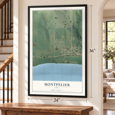 Montpelier, Iowa map, 24 x 36 inch print in a black frame by a staircase