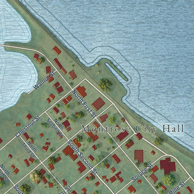 Close-up of the map of Montrose, Iowa print showing street and building detail
