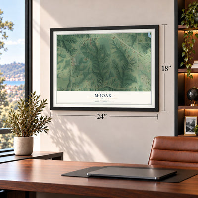 Mooar, Iowa map, 18 x 24 inch print in a black frame in a home office