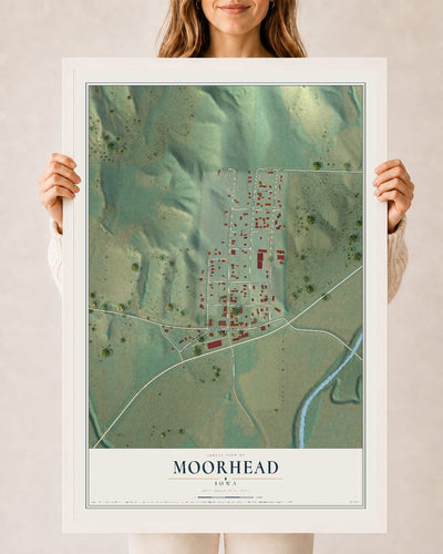 Map of Moorhead, Iowa, 24 x 36 inch print in a white wood frame