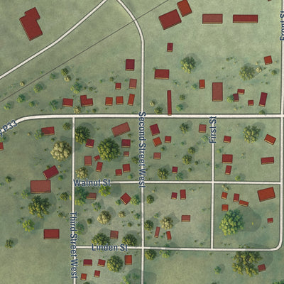 Close-up of the map of Moorland, Iowa print showing street and building detail