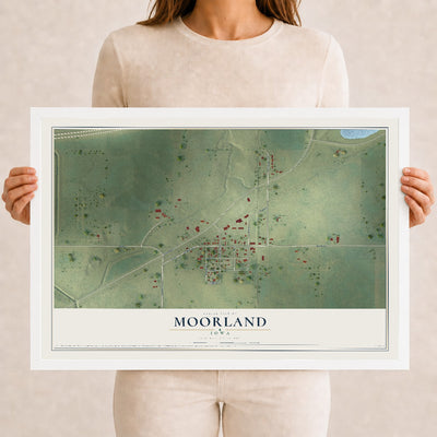 Map of Moorland, Iowa, 12 x 18 inch print in a white wood frame