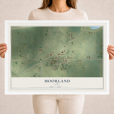 Map of Moorland, Iowa, 18 x 24 inch print in a white wood frame