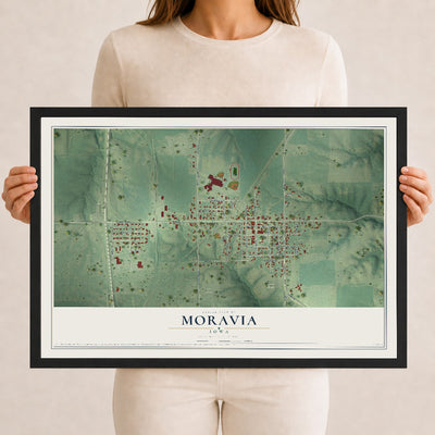 Map of Moravia, Iowa, 12 x 18 inch print in a black wood frame