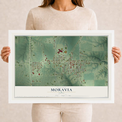 Map of Moravia, Iowa, 12 x 18 inch print in a white wood frame