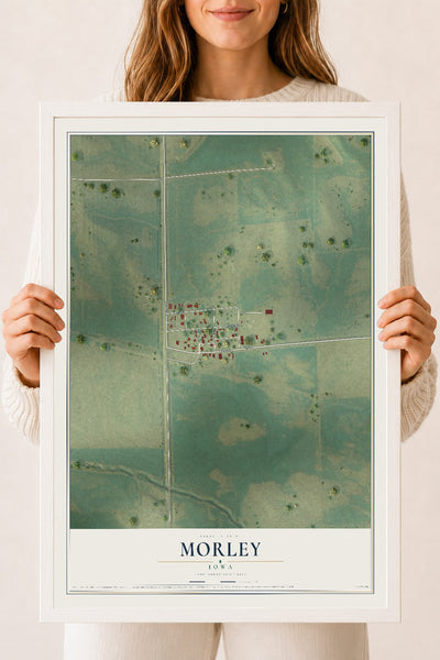 Map of Morley, Iowa, 18 x 24 inch print in a white wood frame