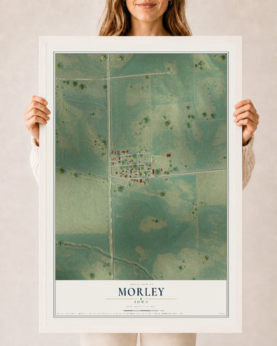 Map of Morley, Iowa, 24 x 36 inch print in a white wood frame