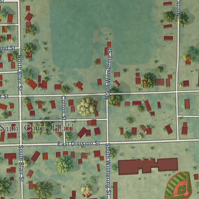 Second close-up of the map of Morning Sun, Iowa print showing more streets and buildings