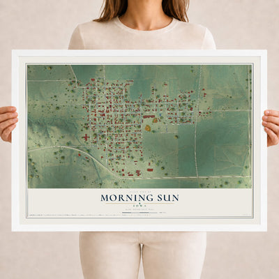 Map of Morning Sun, Iowa, 18 x 24 inch print in a white wood frame