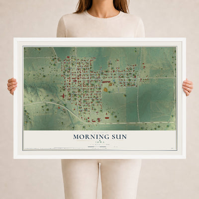 Map of Morning Sun, Iowa, 24 x 36 inch print in a white wood frame