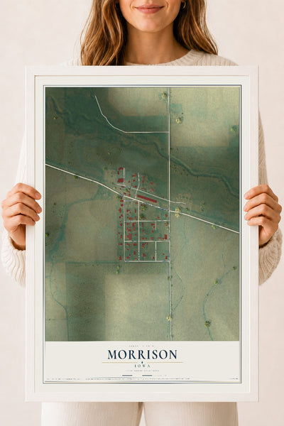 Map of Morrison, Iowa, 18 x 24 inch print in a white wood frame