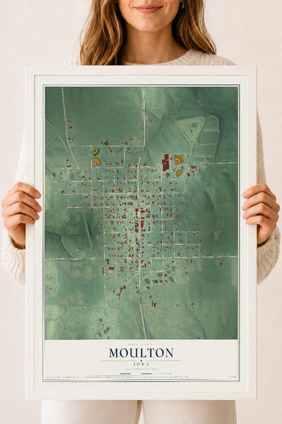 Map of Moulton, Iowa, 18 x 24 inch print in a white wood frame