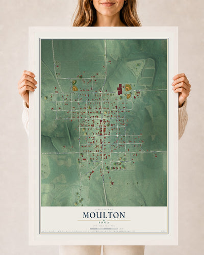 Map of Moulton, Iowa, 24 x 36 inch print in a white wood frame