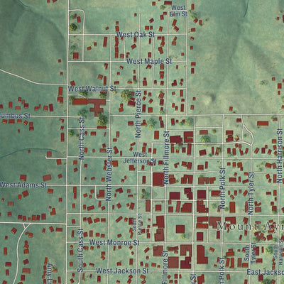 Close-up of the map of Mount Ayr, Iowa print showing street and building detail