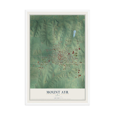 Map of Mount Ayr, Iowa, 12 x 18 inch print in a white wood frame