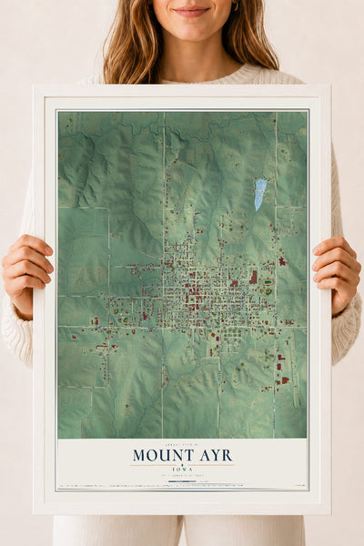 Map of Mount Ayr, Iowa, 18 x 24 inch print in a white wood frame